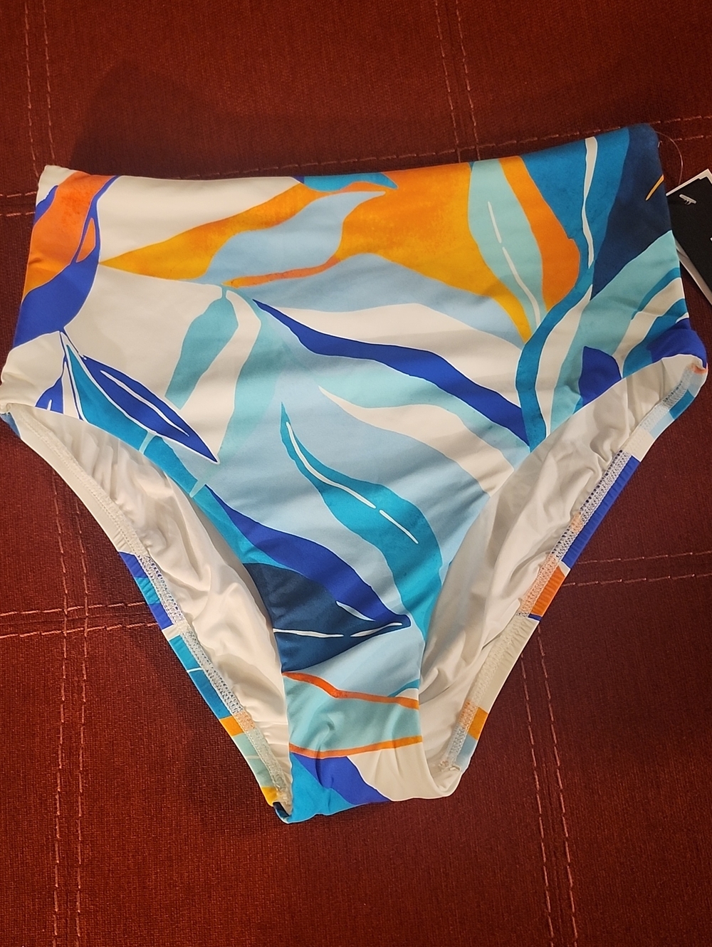 La Blanca High-Waist Bikini Bottoms in Blue, Orange & White Leaf Print